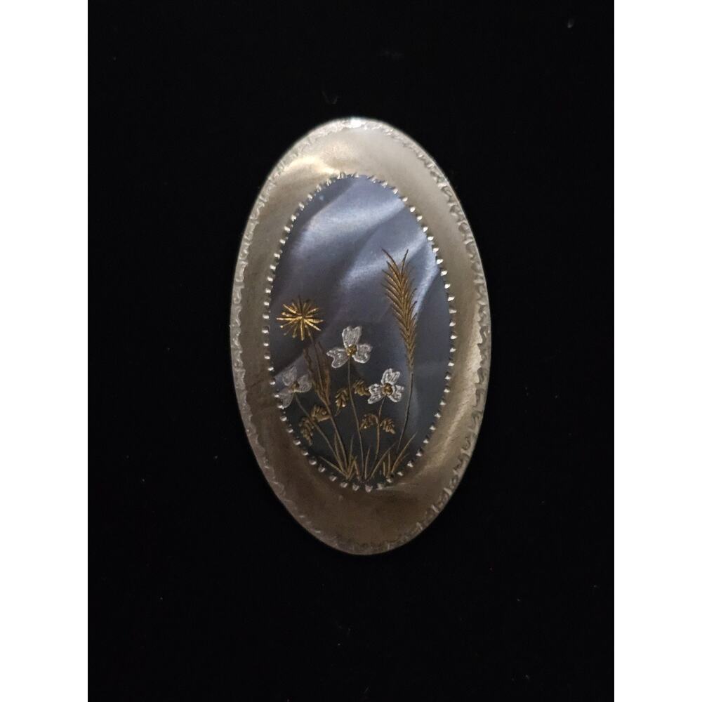 Vintage Phillipe Bovin Two Toned Etched Flower Motif Brooch Stainless Steel Pin